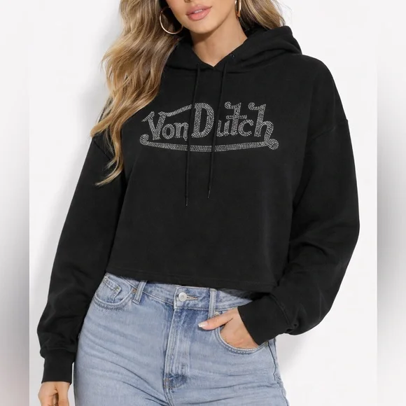 Von Dutch Rhinestone Cropped Hoodie | Black | NWT | Oversized | Y2K | Medium - Picture 1 of 9